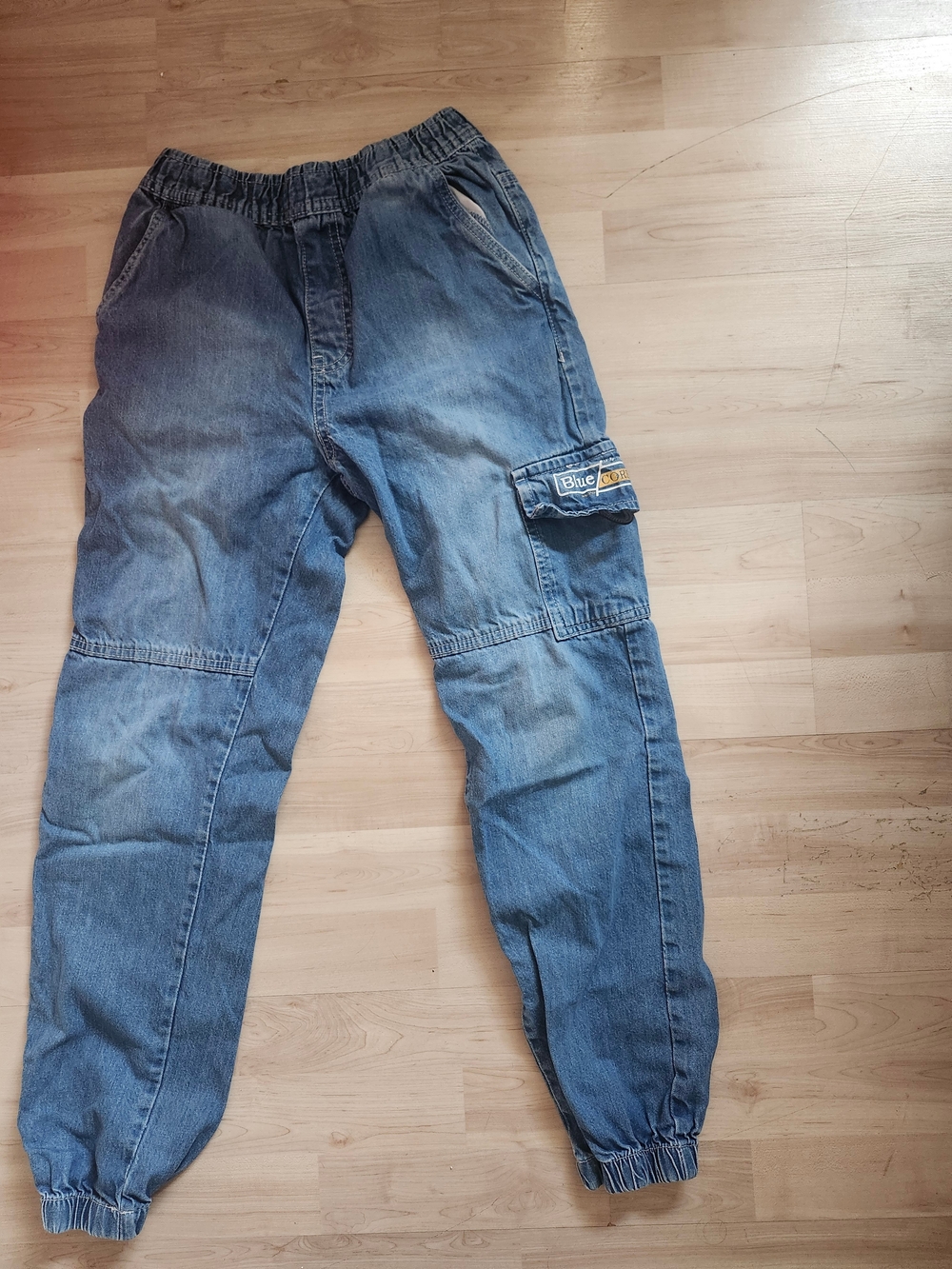 Blue Denim Cargo Jogger Jeans - Elastic Waist & Ankles